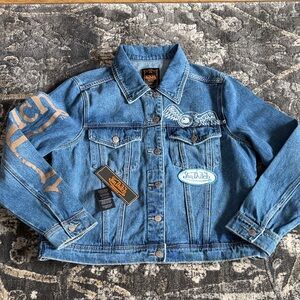 Von Dutch Blue Denim Jacket with Patch Embroidery and Sleeve Logo
